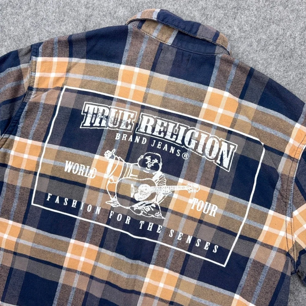 True Religion Shirt Mens Large Blue Tan Plaid Flannel Shacket Logo‎ Flap Pockets